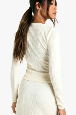 Long Sleeve Tops*boohoo Asymmetric Long Sleeve Rib Top cream