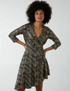 Wrap Dresses*Blue Vanilla Asymmetric Metallic Animal Foil Wrap Dress Gold