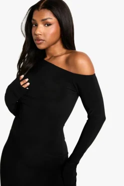 Maxi Dresses|Long Sleeve Dresses*boohoo Asymmetric Shoulder Pad Slinky Split Maxi Dress black