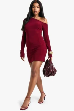 Mini Dresses|Long Sleeve Dresses*boohoo Asymmetric Shoulder Pad Slinky Mini Dress burgundy