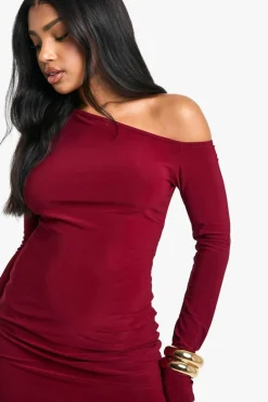 Mini Dresses|Long Sleeve Dresses*boohoo Asymmetric Shoulder Pad Slinky Mini Dress burgundy