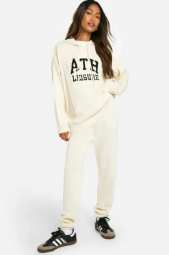 Knitted Co-Ords|Tracksuits*boohoo Ath Leisure Embroidered Knitted Oversized Hoody And Cuffed Jogger Set cream
