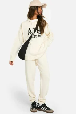 Knitted Co-Ords|Tracksuits*boohoo Ath Leisure Embroidered Knitted Oversized Hoody And Cuffed Jogger Set cream