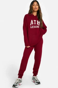 Knitted Co-Ords|Tracksuits*boohoo Ath Leisure Embroidered Knitted Oversized Hoody And Cuffed Jogger Set burgundy