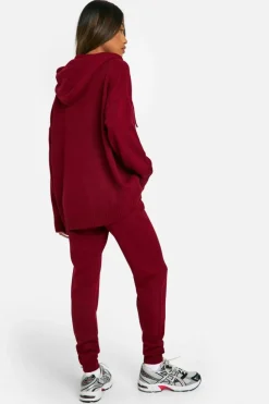 Knitted Co-Ords|Tracksuits*boohoo Ath Leisure Embroidered Knitted Oversized Hoody And Cuffed Jogger Set burgundy