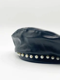 Hats & Gloves|Hats & Gloves*SVNX Ava PU Leather Beret With Faux Pearl Trims Black