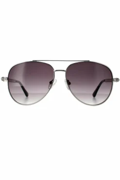 Sunglasses*Guess Aviator Shiny Light Nickeltin Smoke Gradient GF0356 Silver
