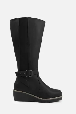 Heeled Boots*Where's That From Ayleen' Wide Calf Wedge Heel Knee High Boots With Elastic Panel Black