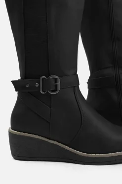 Heeled Boots*Where's That From Ayleen' Wide Calf Wedge Heel Knee High Boots With Elastic Panel Black