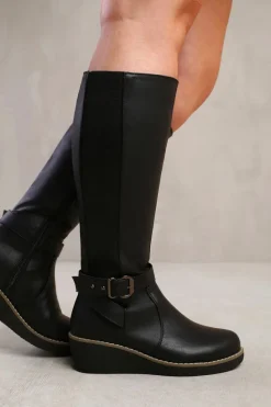 Heeled Boots*Where's That From Ayleen' Wide Calf Wedge Heel Knee High Boots With Elastic Panel Black