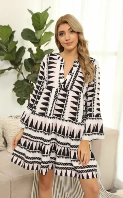 Smock Dresses*FS Collection Aztec Smock Tunic Mini Dress In Black