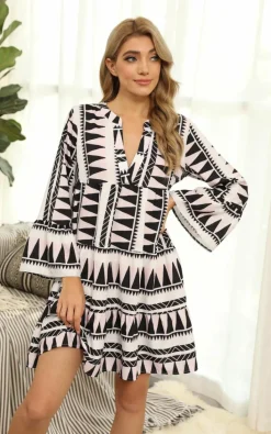 Smock Dresses*FS Collection Aztec Smock Tunic Mini Dress In Black