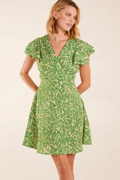Wrap Dresses*Blue Vanilla Aztec Wrap Ruffle Frill Sleeve Mini Dress Green