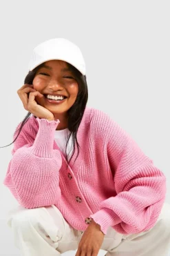 Cardigans|Knitwear*boohoo Balloon Sleeve Button Through Rib Cardigan pink