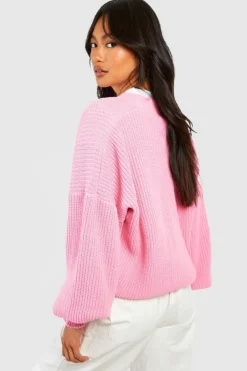 Cardigans|Knitwear*boohoo Balloon Sleeve Button Through Rib Cardigan pink