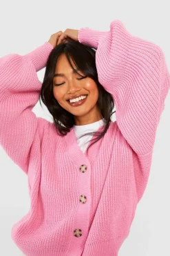 Cardigans|Knitwear*boohoo Balloon Sleeve Button Through Rib Cardigan pink