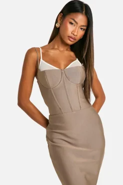 Bodycon Dresses*boohoo Bandage Double Layer Corset Maxi Dress stone