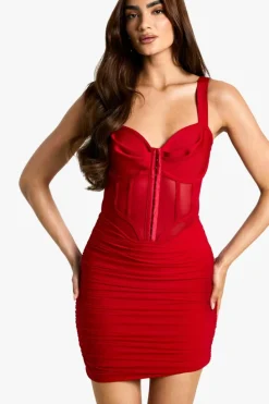Bodycon Dresses*boohoo Bandage Hook And Eye Corset Mini Dress red