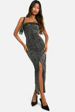 Midi Dresses|Denim*boohoo Bandeau Belt Detail Stretch Denim Midi Dress dark grey