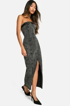 Midi Dresses|Denim*boohoo Bandeau Belt Detail Stretch Denim Midi Dress dark grey