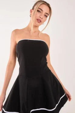 A Line Dresses*Pink Vanilla Bandeau Contrast Binding Mini Dress Black