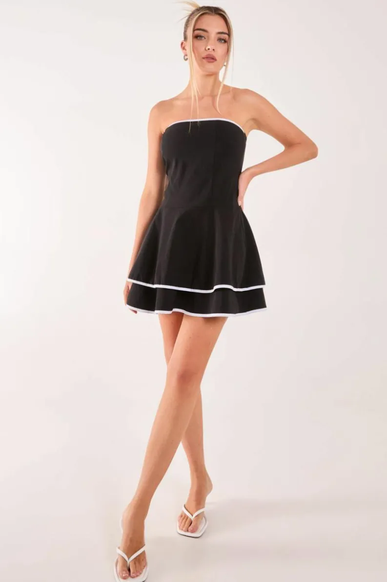 A Line Dresses*Pink Vanilla Bandeau Contrast Binding Mini Dress Black