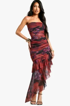 Skater Dresses*boohoo Bandeau Floral Mesh Ruffle Hem Mini Dress red