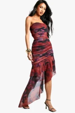 Skater Dresses*boohoo Bandeau Floral Mesh Ruffle Hem Mini Dress red