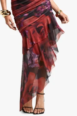 Skater Dresses*boohoo Bandeau Floral Mesh Ruffle Hem Mini Dress red