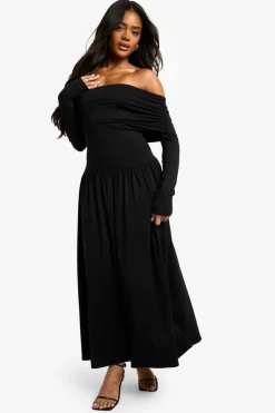 Skater Dresses|Long Sleeve Dresses*boohoo Bandeau Long Sleeve Drop Waist Skater Dress black