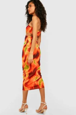 Midi Dresses*boohoo Bandeau O Ring Cut Out Printed Mesh Midaxi Dress orange