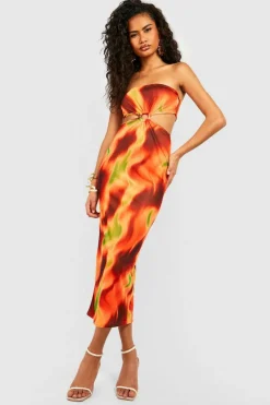 Midi Dresses*boohoo Bandeau O Ring Cut Out Printed Mesh Midaxi Dress orange
