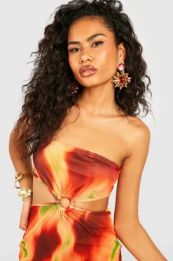 Midi Dresses*boohoo Bandeau O Ring Cut Out Printed Mesh Midaxi Dress orange