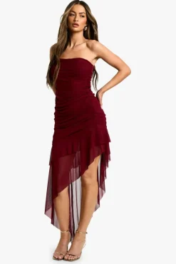 Bodycon Dresses*boohoo Bandeau Ruched Mesh Ruffle Hem Mini Dress plum