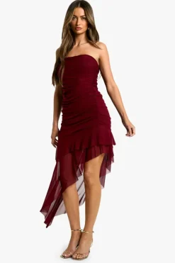 Bodycon Dresses*boohoo Bandeau Ruched Mesh Ruffle Hem Mini Dress plum