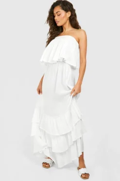 Smock Dresses*boohoo Bandeau Ruffle Maxi Dress white