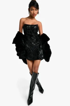 Skater Dresses|Mini Dresses*boohoo Bandeau Structured Velvet Lace Demask Skater Mini Dress black