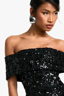 Mini Dresses*boohoo Bardot Boucle Sequin Shift Mini Dress black