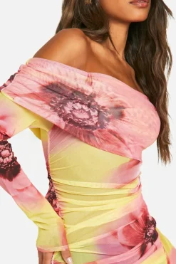 Bodycon Dresses*boohoo Bardot Floral Mesh Mini Dress yellow
