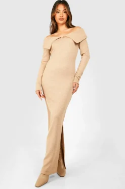 Bodycon Dresses*boohoo Bardot Heavy Rib Long Sleeve Maxi Dress stone