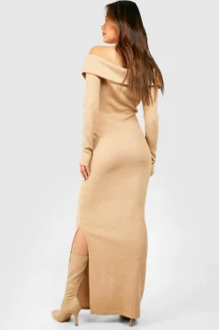 Bodycon Dresses*boohoo Bardot Heavy Rib Long Sleeve Maxi Dress stone
