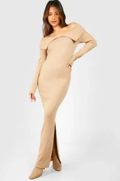 Bodycon Dresses*boohoo Bardot Heavy Rib Long Sleeve Maxi Dress stone