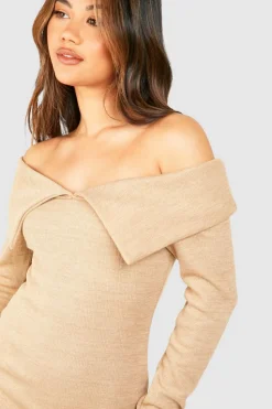 Bodycon Dresses*boohoo Bardot Heavy Rib Long Sleeve Maxi Dress stone
