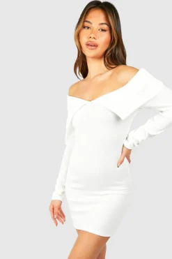 Bodycon Dresses*boohoo Bardot Heavy Rib Long Sleeve Mini Dress cream