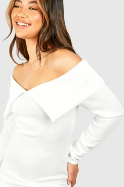 Bodycon Dresses*boohoo Bardot Heavy Rib Long Sleeve Mini Dress cream