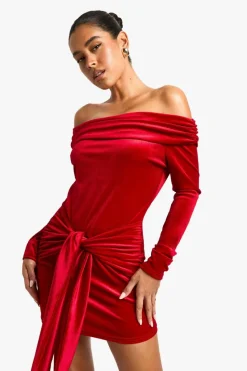 Bodycon Dresses*boohoo Bardot Long Sleeve Drape Detail Mini Dress red