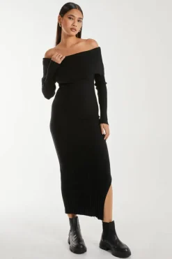 Midi Dresses*Pink Vanilla Bardot Ribbed Knit Midi Dress Black