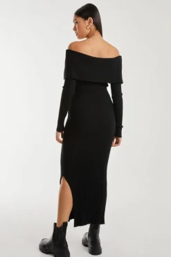Midi Dresses*Pink Vanilla Bardot Ribbed Knit Midi Dress Black