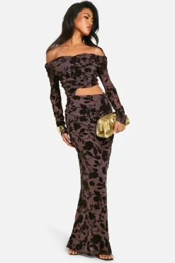 Bodycon Dresses|Maxi Dresses*boohoo Bardot Ruched Devore Cut Out Maxi Dress chocolate