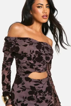 Bodycon Dresses|Maxi Dresses*boohoo Bardot Ruched Devore Cut Out Maxi Dress chocolate